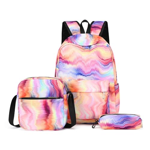 Mateju Schulrucksack, Rucksack Damen Herren, Schulrucksack Teenager, Leichtgewicht 3 Stück Rucksack Kinder, Modedruck Schulrucksack-Set mit Lunchtasche Federmäppchen (Rosa) von Mateju