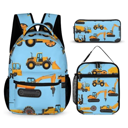 Mateju Schulrucksack, Rucksack Damen Herren, Schulrucksack Teenager, Leichtgewicht Rucksack Kinder, BaggerDruck Schulrucksack-Set 3 Stück mit Lunchtasche Federmäppchen (Blau) von Mateju