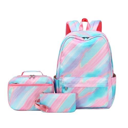 Mateju Schulrucksack, Rucksack Damen Herren, Schulrucksack Teenager, Wasserdicht 3 Stück Rucksack Kinder, Regenbogen Schulrucksack-Set mit Lunchtasche Federmäppchen (Rosa Grün) von Mateju