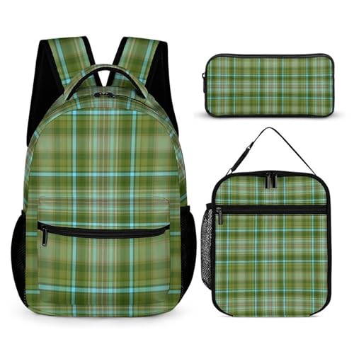 Mateju Schulrucksack, Schlichter Stil Rucksack Damen Herren, Schulrucksack Teenager, Rucksack Kinder, Leichtgewicht Schulrucksack-Set 3 Stück mit Lunchtasche Federmäppchen (Grün) von Mateju