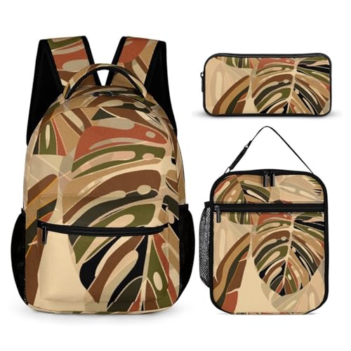 Mateju Schulrucksack, Tropischer Pflanzendruck, Rucksack Damen Herren, Schulrucksack Teenager, Rucksack Kinder, Leichtgewicht Schulrucksack-Set 3 Stück mit Lunchtasche Federmäppchen (Khaki) von Mateju
