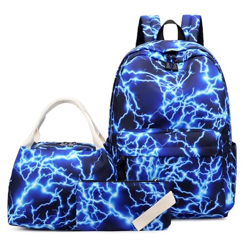 Mateju Sternenhimmel-Serie Schulrucksack,Rucksack Damen Herren, Schulrucksack Teenager, Rucksack Kinder,Leichtgewicht Schulrucksack-Set 3 Stück mit Lunchtasche Federmäppchen (Blau) von Mateju