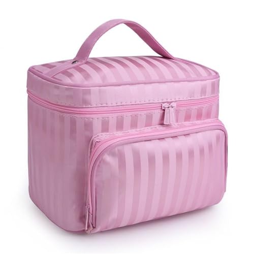 Mateju Streifen Kosmetiktasche, Polyester Kulturtasche Damen,Paaren Tragbare Kulturbeutel, Make up Tasche, Waschbar Kosmetiktasche Klein mit Reißverschluss (Rosa,22 * 16 * 17cm) von Mateju