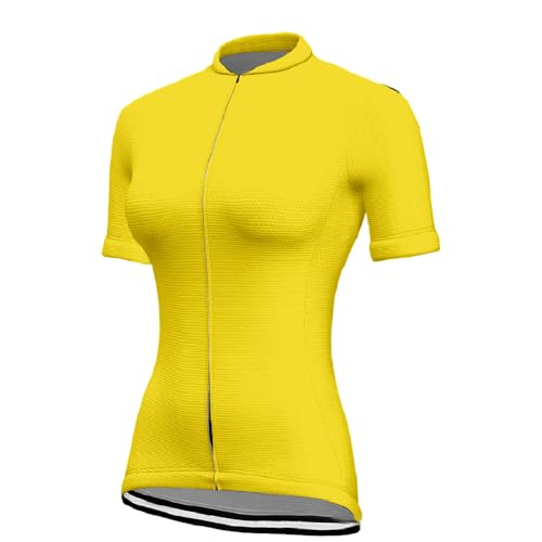 Mateju Volltonfarbe Radtrikot Damen Kurzarm Top, Atmungsaktive Fahrradbekleidung Damen, Elastische Radtrikot Herren Rennrad Trikot T Shirt, Fahrrad Shirt mit Reißverschluss (Gelb,XL) von Mateju