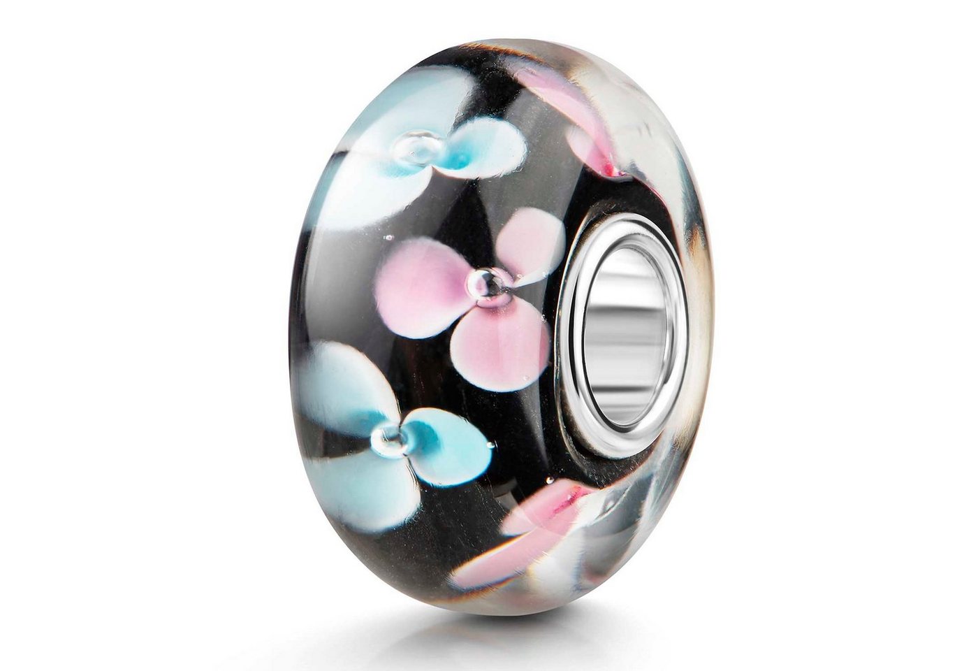 Materia Bead Glasperle Blumen / Blüten Schwarz Rosa Hellblau 1009, Kern aus 925 Sterling Silber Materia Bead Glasperle Blumen / Blüten Schwarz Rosa Hellblau 1009, Kern aus 925 Sterling Silber von Materia