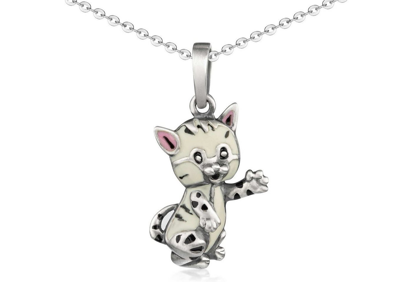 Materia Kettenanhänger Katze Kater Weiß Schwarz Emaille Kinder KA-312, 925 Sterling Silber von Materia