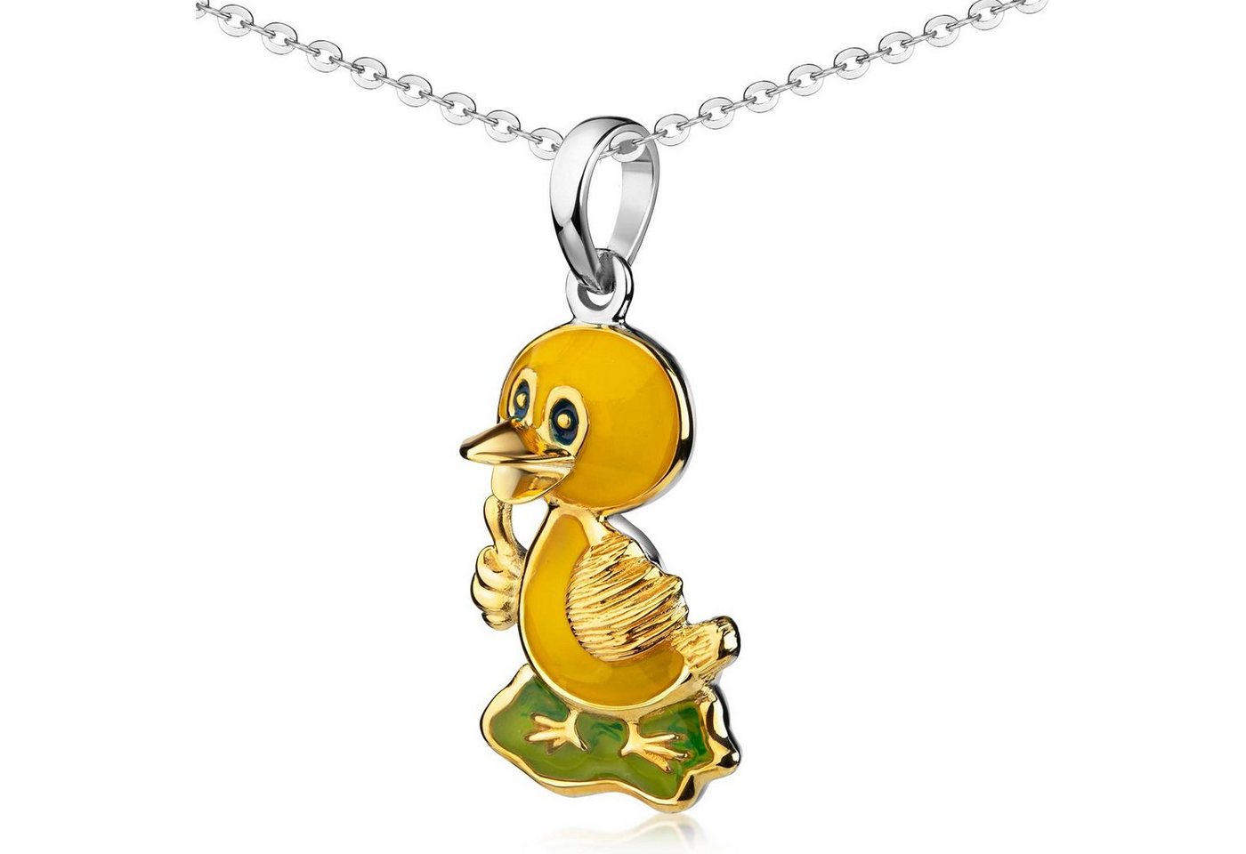 Materia Kettenanhänger Kinderanhänger Ente Duck mit Daumen Gelb Grün Gold KA-313, 925 Sterling Silber, teilvergoldet von Materia