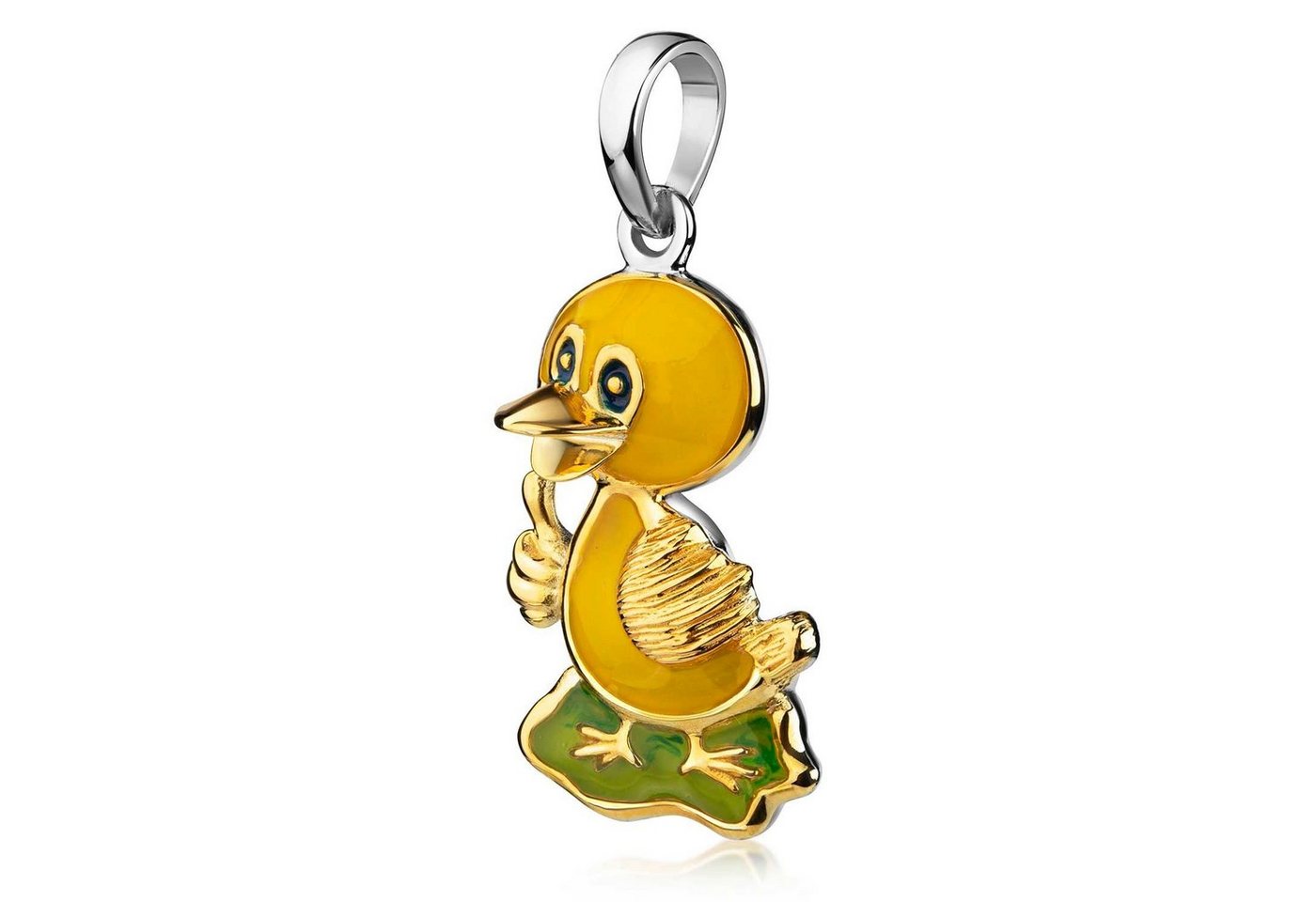 Materia Kettenanhänger Kinderanhänger Ente Duck mit Daumen Gelb Grün Gold KA-313, 925 Sterling Silber, teilvergoldet von Materia