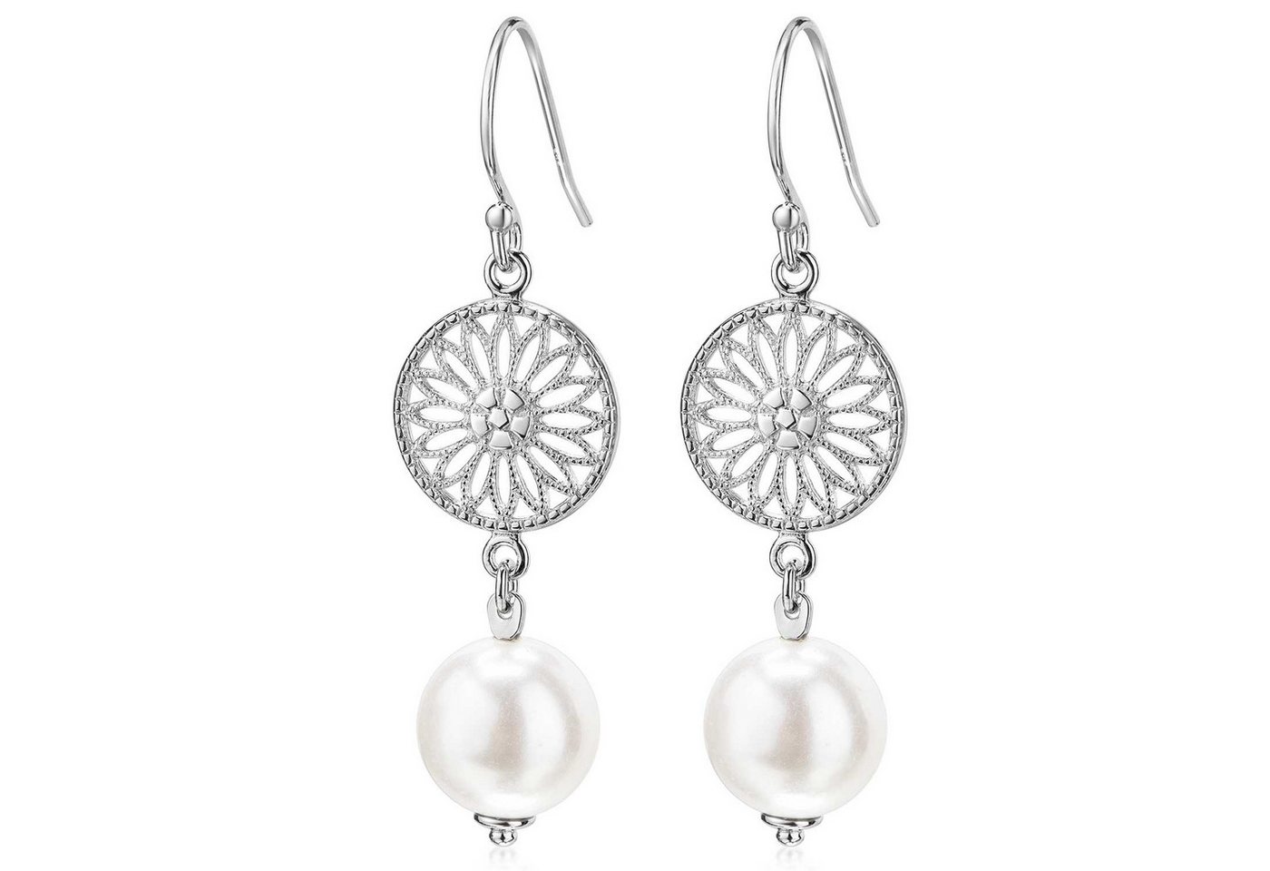 Materia Paar Ohrhänger Blume des Lebens mit Süßwasser Perle weiß SO-305, 925 Sterling Silber von Materia