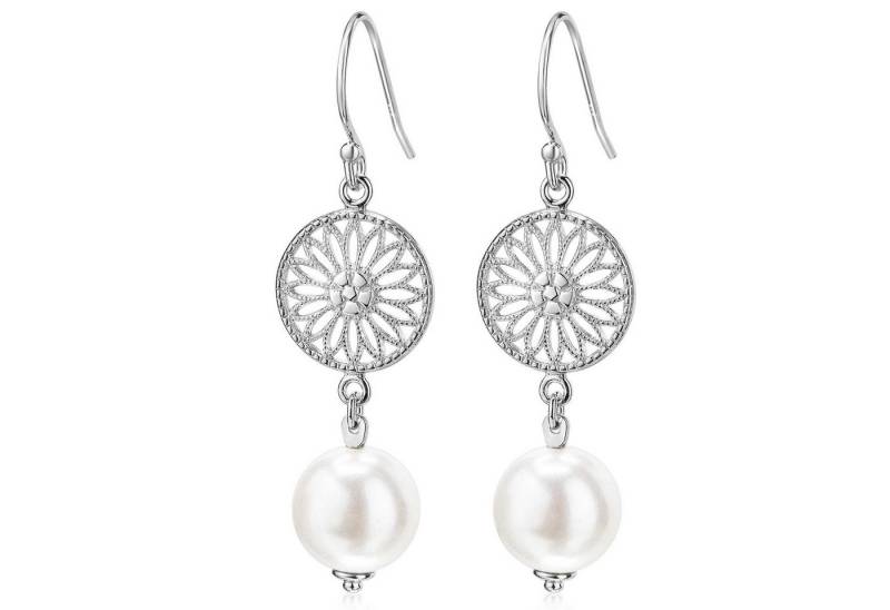 Materia Paar Ohrhänger Blume des Lebens mit Süßwasser Perle weiß SO-305, 925 Sterling Silber von Materia