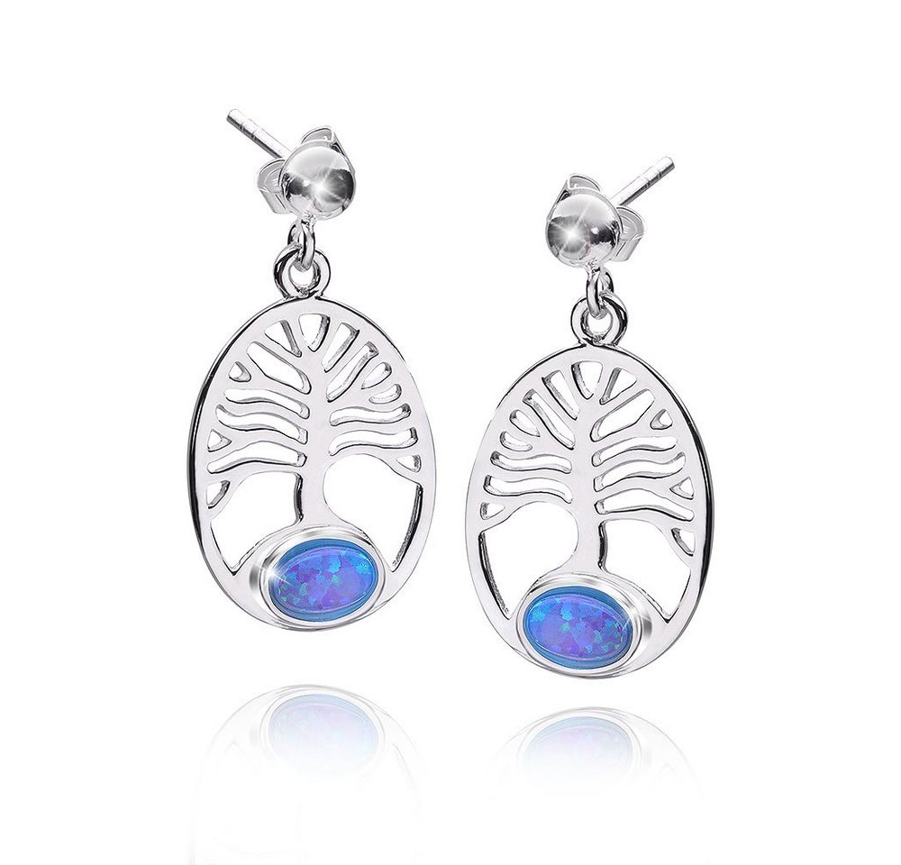 Materia Paar Ohrhaken Damen Silber Lebensbaum Opal Blau Türkis SO-286, 925 Sterling Silber, rhodiniert von Materia