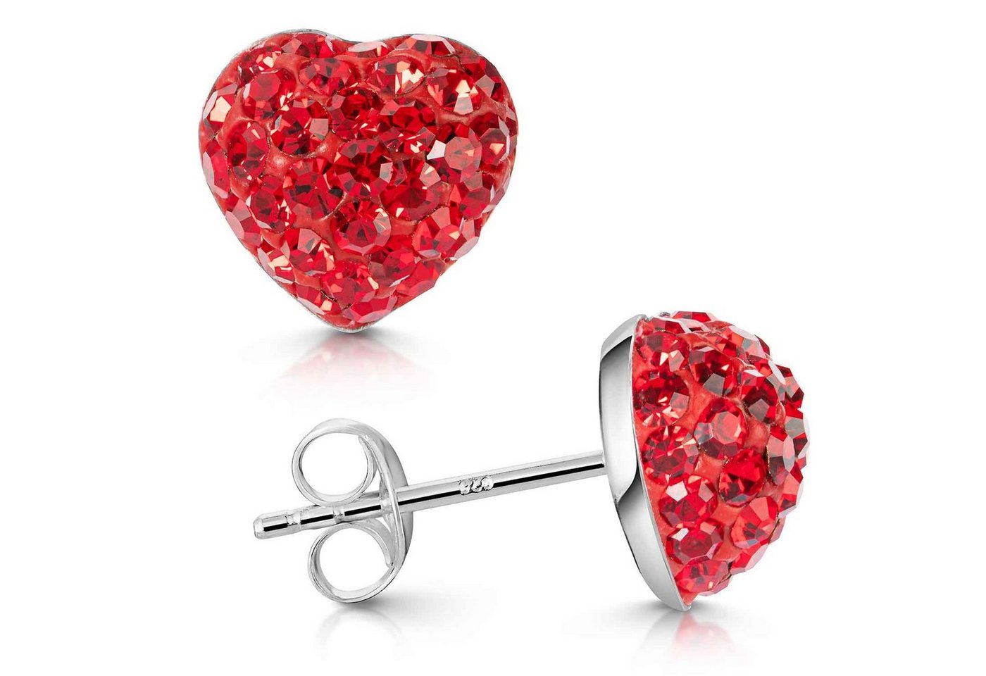 Materia Paar Ohrstecker Herz mit Kristall Steinen Rot Damen Mädchen SO-149, Fassung aus 925 Sterling Silber von Materia
