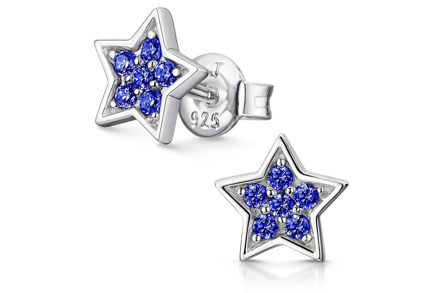 Materia Paar Ohrstecker Kinder Stern mit blauen Zirkonia Steinen SO-443, 925 Sterling Silber, rhodiniert von Materia