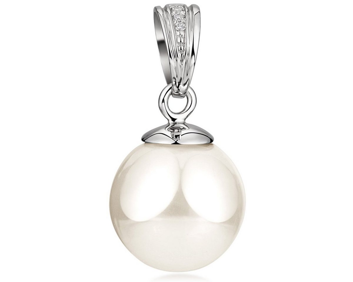 Materia Perlenanhänger Damen Muschelkernperle Weiß Zirkonia Ø12mm KA-235, Fassung aus 925 Sterling Silber, rhodiniert von Materia