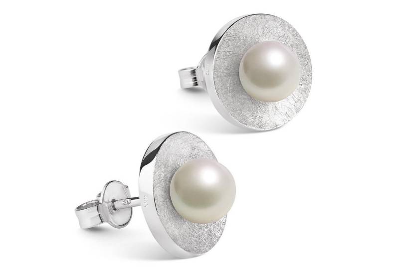 Materia Perlenohrringe Damen Muschelkernperle Weiß Ø11mm SO-156, 925 Sterling Silber, rhodiniert, gebürstet von Materia