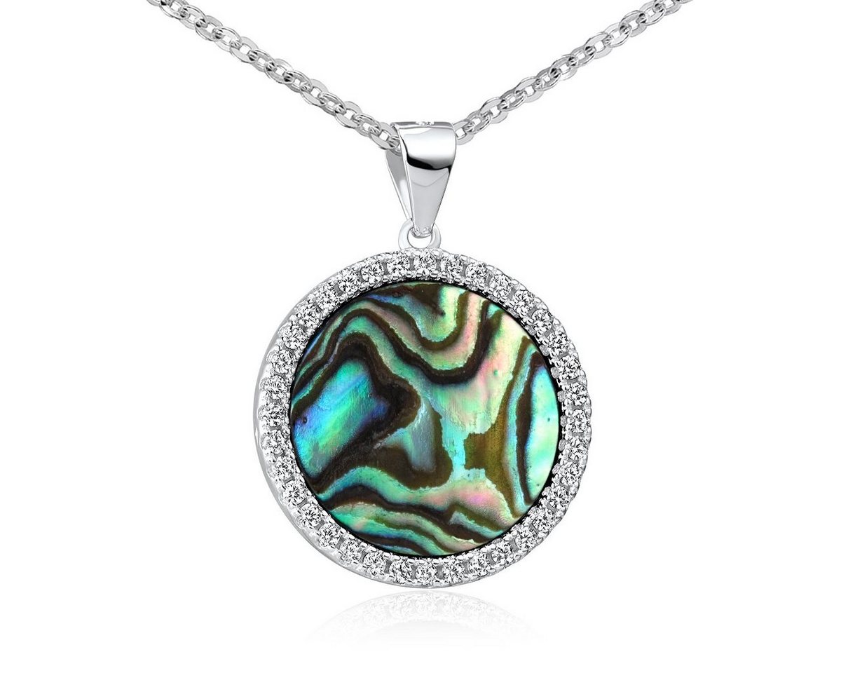 Materia Runder Anhänger Damen Perlmutt Abalone Grün Blau Zirkonia KA-456, Fassung aus 925 Sterling Silber, rhodiniert von Materia