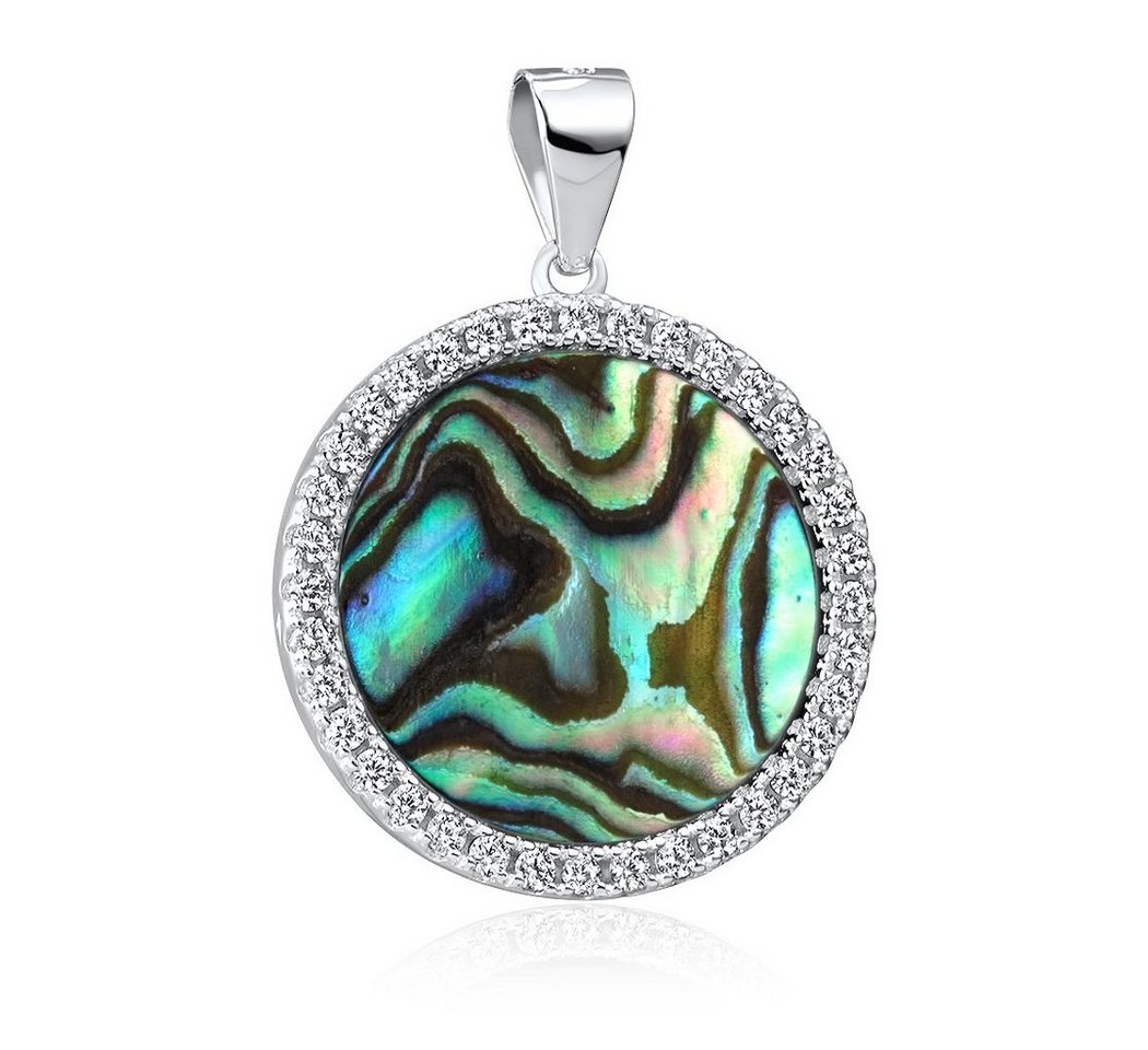 Materia Runder Anhänger Damen Perlmutt Abalone Grün Blau Zirkonia KA-456, Fassung aus 925 Sterling Silber, rhodiniert von Materia