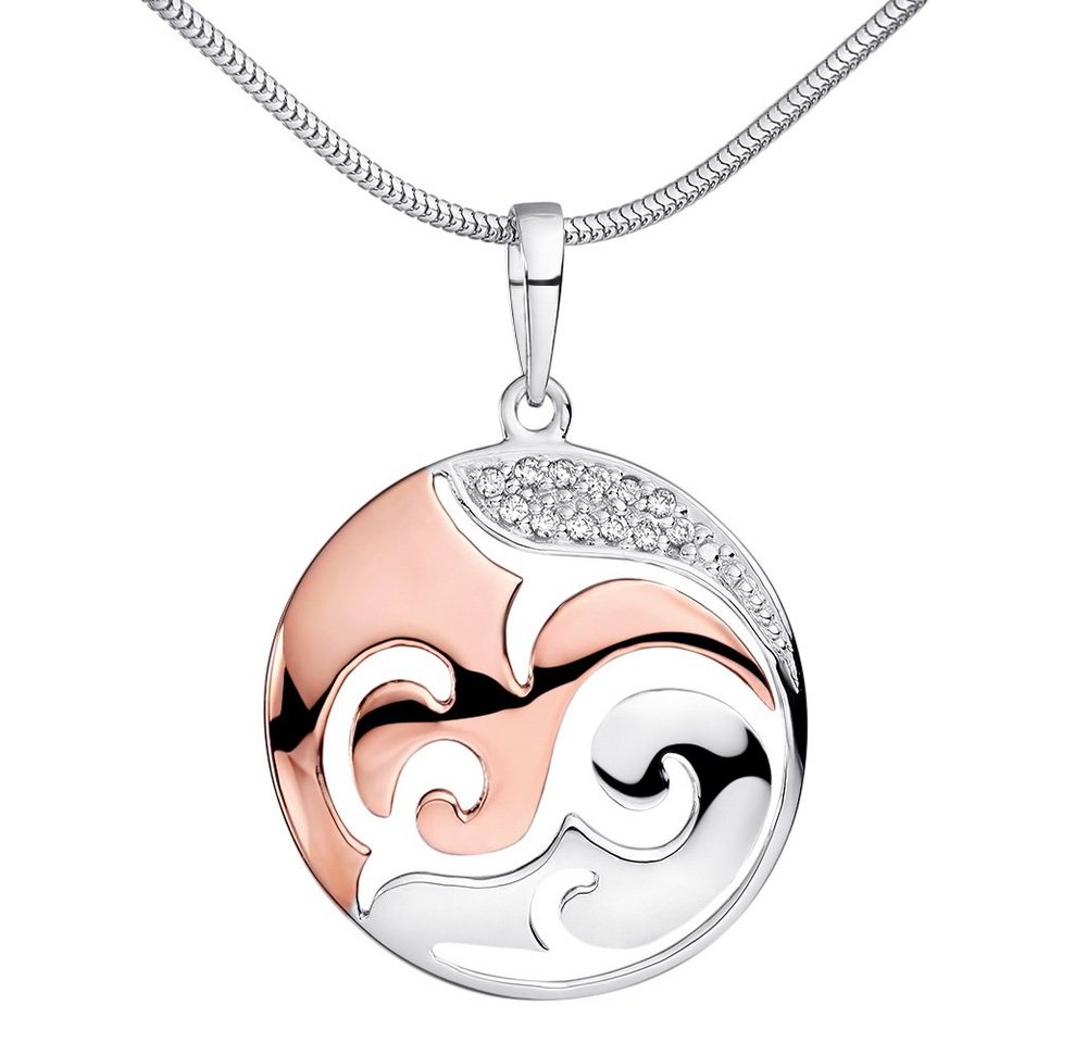 Materia Runder Anhänger Damen Rosegold Bicolor Ornament Anhänger Zirkonia Ø23mm KA-455, Sterling Silber, rhodiniert und vergoldet von Materia