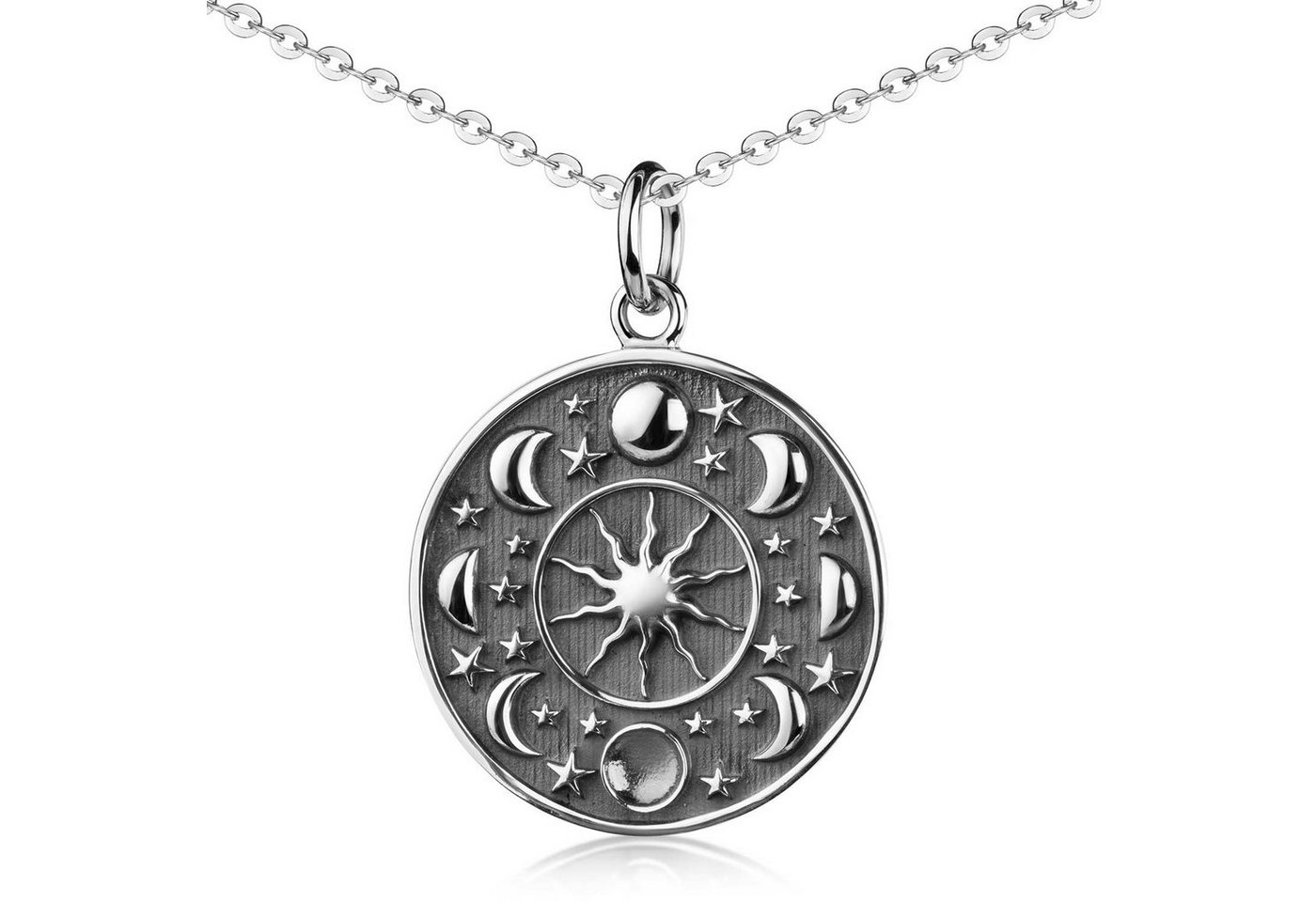 Materia Runder Anhänger Mond Phasen Sterne Sonne Vollmond antik KA-131, 925 Sterling Silber, oxidiert von Materia