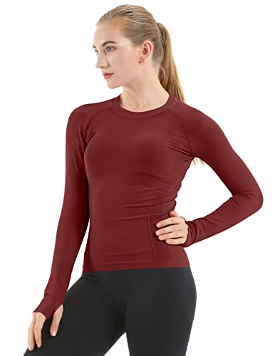 MathCat Langärmeliges Damen-Oberteil für Laufen, Yoga, mit Daumenlöchern, Workout, Fitnessstudio, Shirts für Damen, Nahtlose Basisschicht, Thermo-Tops für Sport, Fitness, burgunderfarben, Small von MathCat