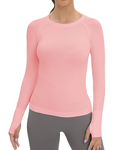 MathCat Workout Nahtlose Shirts für Frauen Langarm Yoga Laufen Atmungsaktiv Daumenlöcher Tops, Pink, X-Groß von MathCat