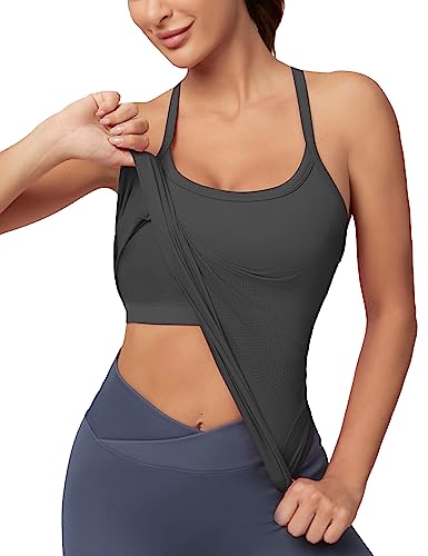 MathCat Workout-Tanktops für Frauen mit integriertem BH, ärmelloses Fitness-Top, nahtlos, Racerback, athletische Yoga-Shirts, Carbongrau, Klein von MathCat