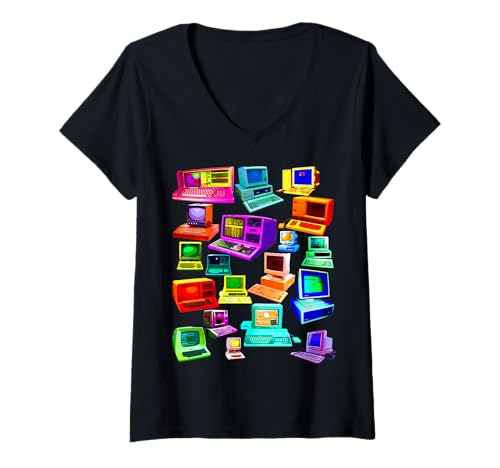 Damen Funny Nerdy Vintage Retro Computer All Over Programmer T-Shirt mit V-Ausschnitt Damen Funny Nerdy Vintage Retro Computer All Over Programmer T-Shirt mit V-Ausschnitt von MathWare
