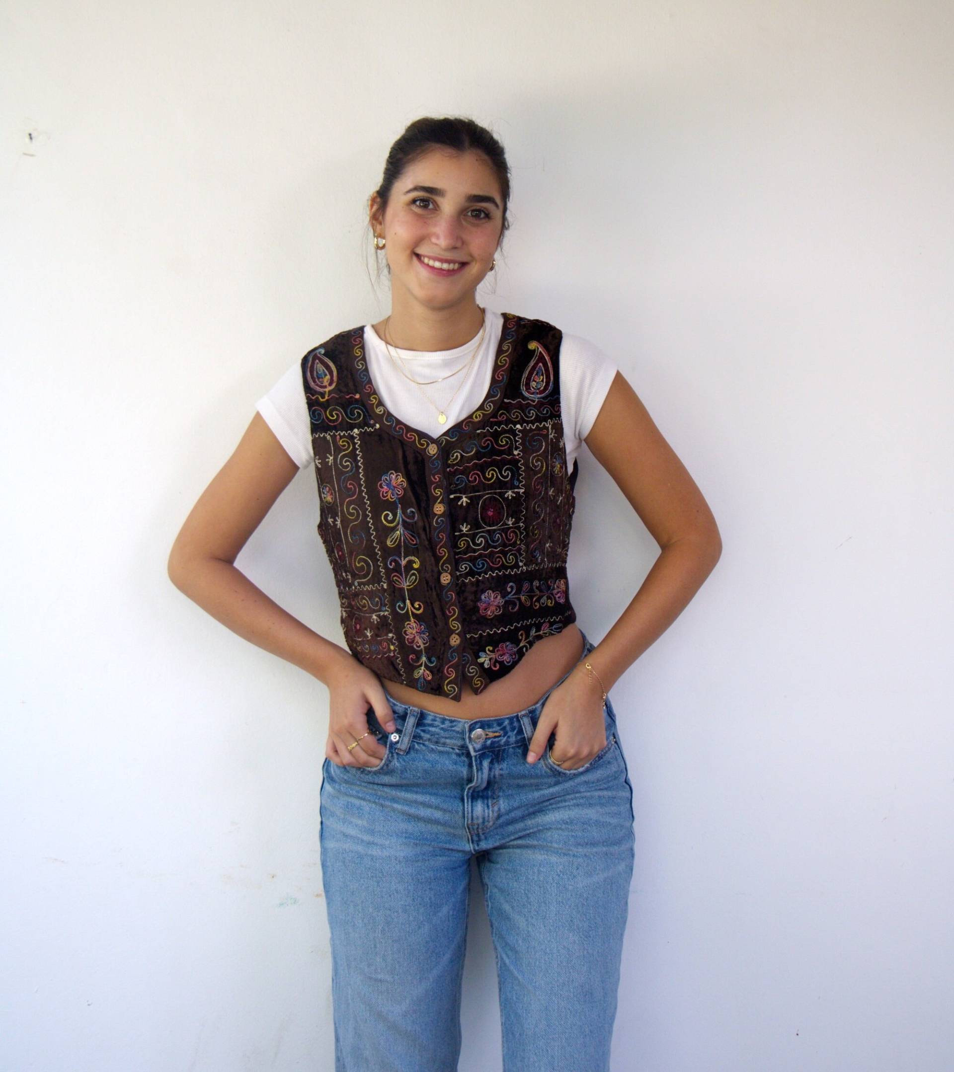 René Derhy Bestickte Weste, Vintage Samt Braune Weste Boho Hippie Bunt Blumen Geschnittenes Crop Top Shirt Hippy 80Er 90Er Jahre //S von Matmonitvintage