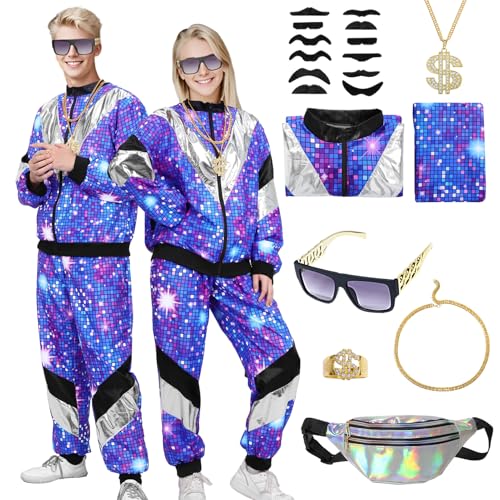 80er 90er Jahre Outfit Damen Herren Kostüm Trainingsanzug Accessoire Retro Jacke Hose Bauchtasche Brille 12 Stück Schnurrbart zum Ankleben,Vintage Disco kleidung Outfit für Karneval Mottopartys (2XL) von Matreeglam
