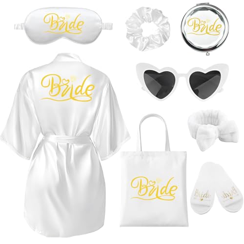 Bademantel Braut, Bride Morgenmantel, Satin Braut Bademantel V Ausschnitt, Bride To Be Set für Hochzeit Party (DE/NL/SE/PL, Alphanumerisch, S, M, Regular, Regular, Weiß) von Matreeglam