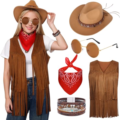 Hippie Kostüm Damen Set 60er 70er Cowgirl Western Kleidung Damen Mädchen mit Braun Fransenweste Vintage-Sonnenbrille Cowboy Hut Quadratisches Halstuch für Halloween Karneval Cosplay Party (L) von Matreeglam