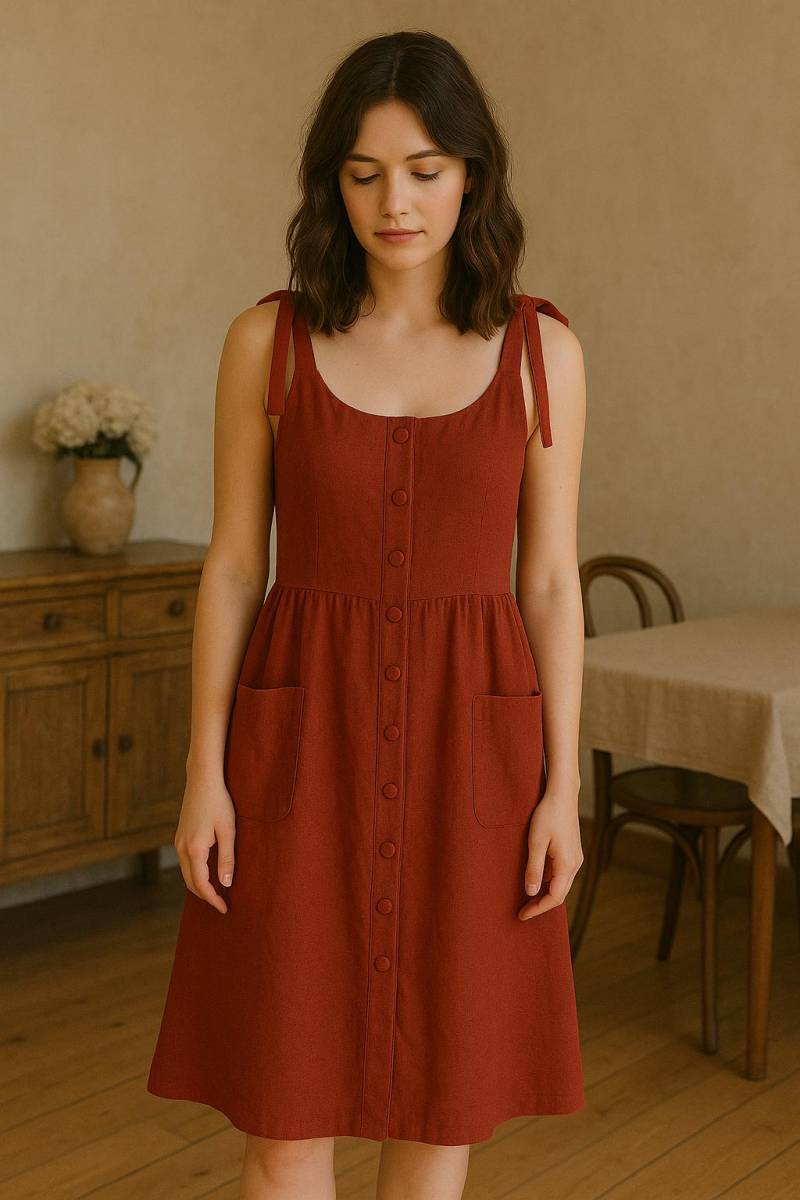 Rotes Leinen-Slip-Kleid Für Frauen, Kurze Robe Mit Taschen, Ärmelloses Sommerkleid Knöpfen, Krawattenschulterkleid, Lässiges Spaghetti-Trägerkleid von MatrinnaBoutique