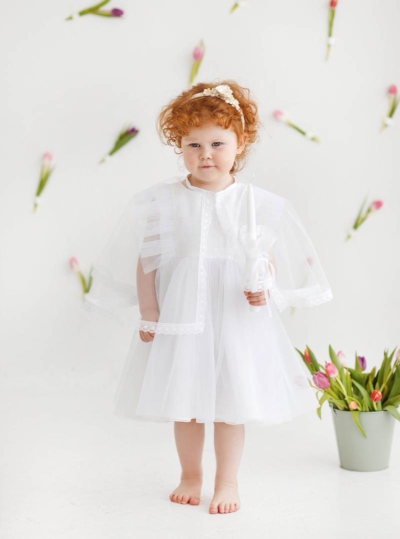 Weißes Ärmelloses Tüll-Baby-Mädchen-Kleid Und Umhang-Set, Unter Dem Knie Tutu-Kleid Mit Band, Volants-Kleinkind-Leinen-Ärmelloses Outfit Rüschen von MatrinnaBoutique