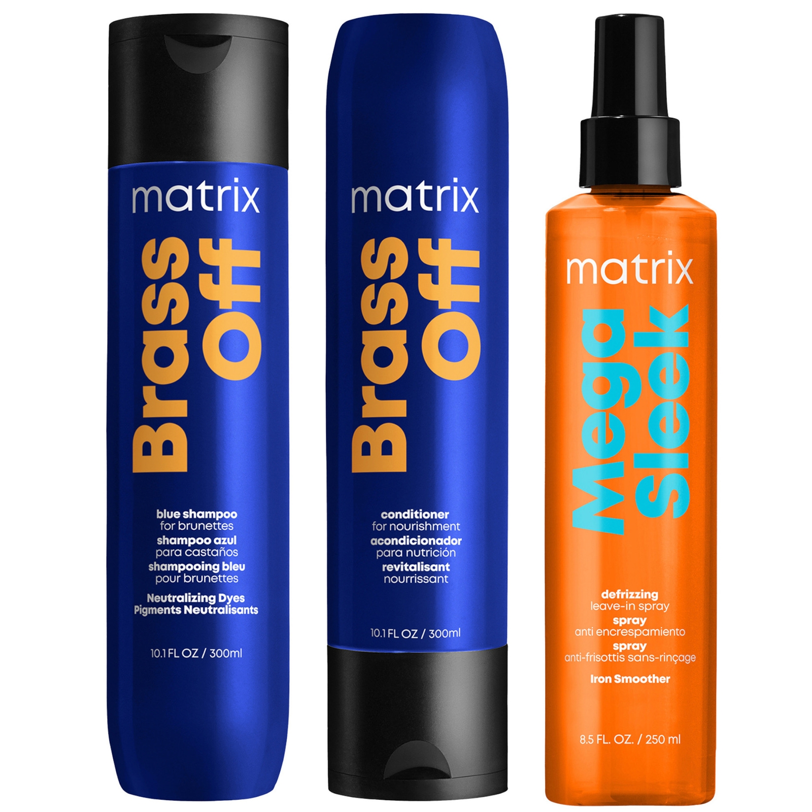 Matrix Brass Off Anti-Brass Blue Shampoo and Conditioner For Lightened Brunettes and Anti-Frizz Mega Sleek Iron Smoother Bundle von Matrix