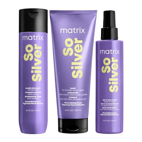 Matrix Pflegetrio für blondes & graues Haar zur Neutralisation von Gelbstichen, Mit Violett-Pigmenten, So Silver Shampoo, Haarmaske & All-In-One Toning Spray von Matrix