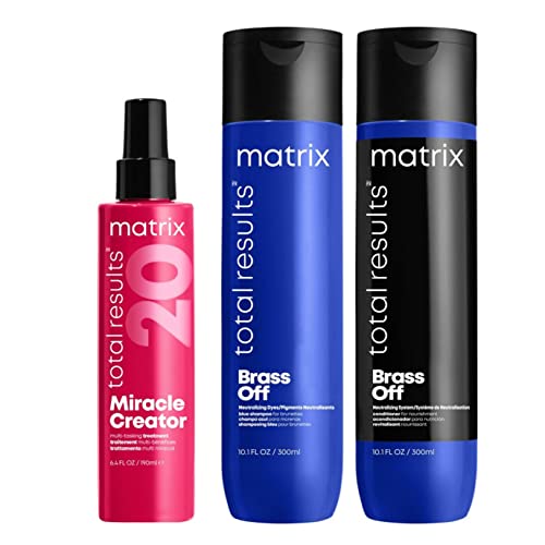 Matrix Pflegetrio mit Miracle Creator Leave-In Spray mit 20 pflegenden Eigenschaften, Brass Off Shampoo und Conditioner für brünettes Haar gegen Kupferstich von Matrix