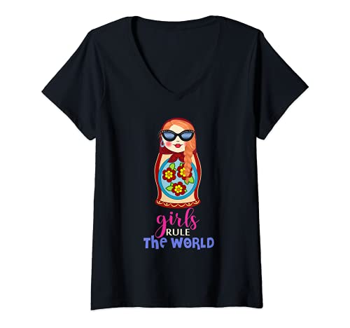 Damen Matrjoschka Matroschka Russische Puppe Mit Langem Zopf T-Shirt mit V-Ausschnitt von Matrjoschka Russische Puppen