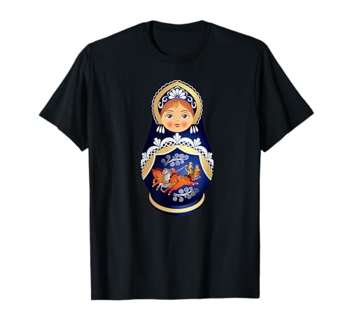Matroschka Russland Souvenir T-Shirt für Russlandfans, Herren, Unisex, Schwarz, S, Kurzarm, Klassische Passform, Traditionelles Blumenmuster und Matrosenkragen von Matroschka Russland Souvenir