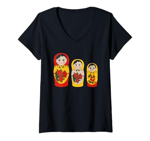 Damen Russische Matroschka Nesting Dolls Vintage Volkskunst Geschenk T-Shirt mit V-Ausschnitt Damen Russische Matroschka Nesting Dolls Vintage Volkskunst Geschenk T-Shirt mit V-Ausschnitt von Matryoshka Gifts by TC