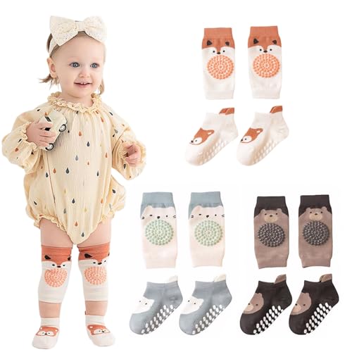 Matsizen 3 Paar Knieschoner Baby und Stoppersocken Baby Knieschoner zum Knieschoner Krabbeln Anti Rutsch Krabbelhilfe mit Gummipunkte für Kleinkinder 0-24 Monate von Matsizen