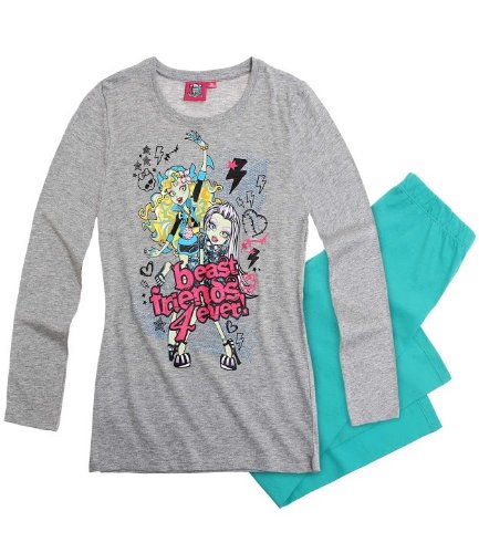 Monster High süßer Mädchen Schlafanzug 2-Teiler Schlafanzug Pyjama lang 3 Motive, Farbe:melange grau/türkis;Größe:128 von Mattel Monster High