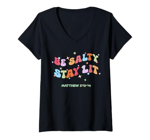 Damen Christian Sei salzig Bleib beleuchtet Salz der Erde Licht des Weltgottes T-Shirt mit V-Ausschnitt Damen Christian Sei salzig Bleib beleuchtet Salz der Erde Licht des Weltgottes T-Shirt mit V-Ausschnitt von Matthew 5:13 Religious Bible Verse Yahweh Yeshua