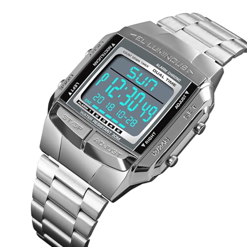 Matybobe 1381 Herren Analog Digital Uhr Mode Freizeit Sport Armbanduhr 2 Zeit 5 Alarm 3ATM Wasserdicht Edelstahlarmband Hintergrundbeleuchtung Multifunktionsuhren (Silber) von Matybobe