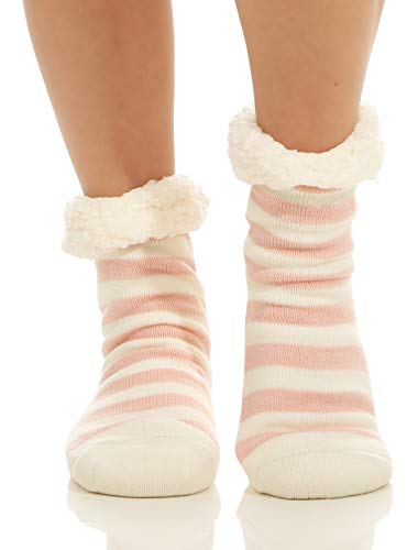 Matyfashion Hüttensocken warme Hausschuhe Socken Strümpfe ABS/Teddyfell 46 (One Size (35-42), Blockstreifen/Rosa) von Matyfashion