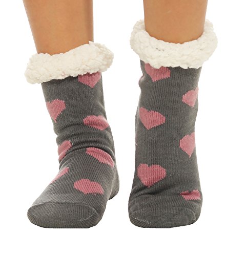 Matyfashion Hüttensocken warme Hausschuhe Socken Strümpfe ABS/Teddyfell 68 (One Size (35-42), Dunkelgrau/Herz) von Matyfashion