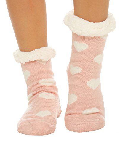 Matyfashion Hüttensocken warme Hausschuhe Socken Strümpfe ABS/Teddyfell 68 (One Size (35-42), Rosa/Herz) von Matyfashion