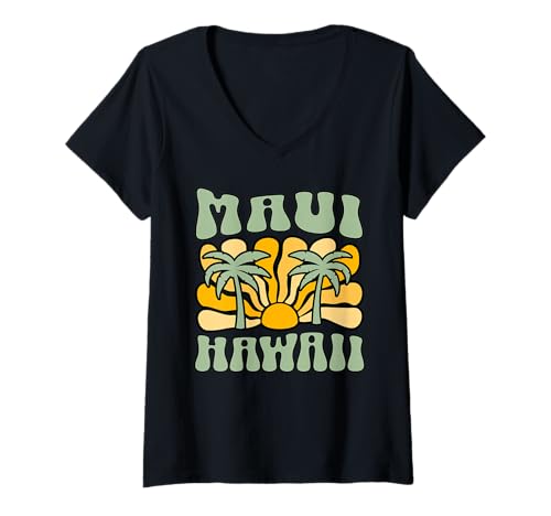Damen Maui T-Shirt mit V-Ausschnitt von Maui Beach Hawaii Surfing Surf Ocean Vintage USA