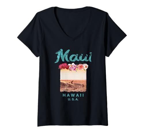 Damen Maui Hawaii Vintage Hawaii Surfen Sonnenuntergang T-Shirt mit V-Ausschnitt von Maui Hawaii Vintage Surfing
