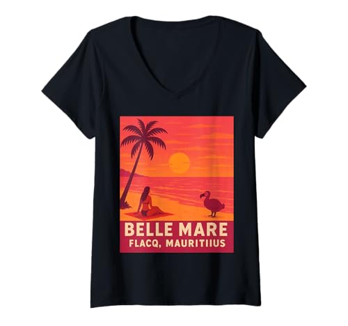 Damen Belle Mare, Flacq, Ferieninsel Mauritius, Vintage-Design T-Shirt mit V-Ausschnitt von Mauritius Belle Mare Vintage Travel Sunset Design