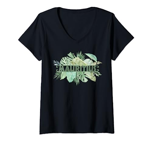 Damen Mauritius Palmen Blätter Regenwald Urwald Souvenir Geschenk T-Shirt mit V-Ausschnitt Damen Mauritius Palmen Blätter Regenwald Urwald Souvenir Geschenk T-Shirt mit V-Ausschnitt von Mauritius Urlaub Souvenir Geschenk